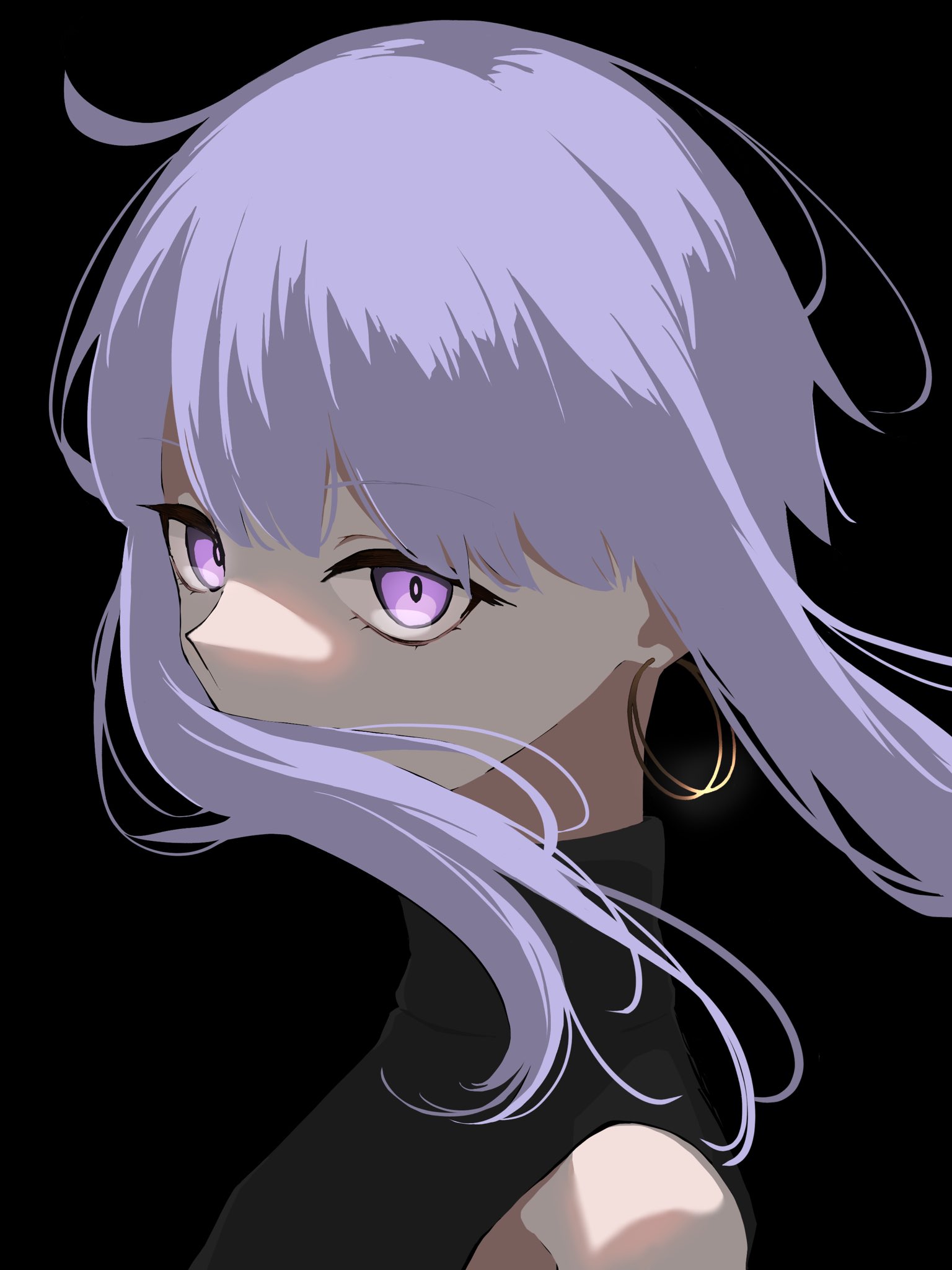 1girl bare_shoulders black_background black_dress breasts commentary covered_mouth dress earrings floating_hair from_side glowing glowing_eyes high_collar highres hoop_earrings jewelry looking_at_viewer looking_to_the_side medium_breasts purple_eyes purple_hair romaji_commentary sabiwo short_hair_with_long_locks sidelocks simple_background sleeveless solo upper_body vocaloid voiceroid yuzuki_yukari