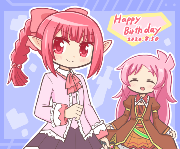 &gt;:) 2girls :d ^_^ ascot blue_background blush bow braid brown_skirt closed_eyes closed_mouth collared_shirt dated hair_bow hair_ornament happy_birthday holding holding_sword holding_weapon jacket juliet_sleeves long_hair long_sleeves looking_at_viewer multiple_girls open_mouth original outline parted_bangs pink_hair pink_shirt pleated_skirt pointy_ears puffy_sleeves red_ascot red_eyes red_hair reverse_(bluefencer) shirt skirt skirt_hold smile standing sword v-shaped_eyebrows very_long_hair weapon white_outline