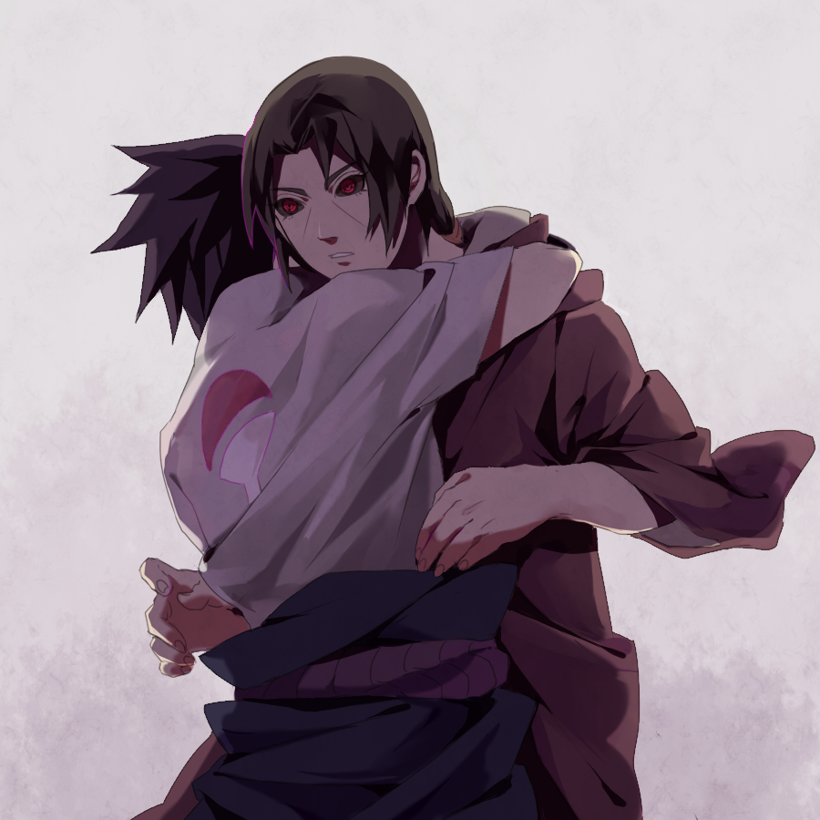 :o belt black_hair brothers cloak colored_sclera edo_tensei family grey_shirt hair_tied_back hood hooded_cloak hug long_sleeves multiple_boys naruto_(series) naruto_shippuuden purple_belt red_cloak rope_belt sharingan shirt short_sleeves siblings spiked_hair surprise_hug surprised uchiha_itachi uchiha_sasuke uchiha_symbol white_background