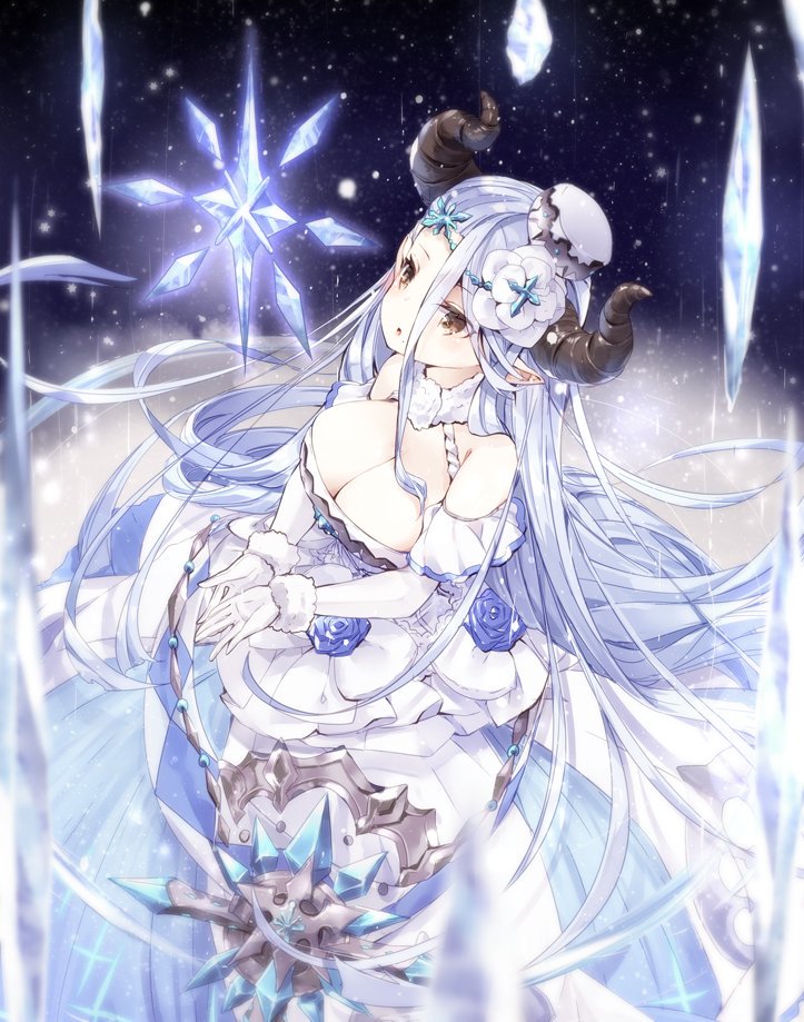 1girl 218 blue_hair breasts brown_eyes cleavage crystal detached_sleeves draph dress female_focus gloves granblue_fantasy hat horns ice izmir large_breasts long_dress long_hair mole mole_under_mouth pointy_ears solo very_long_hair white_gloves