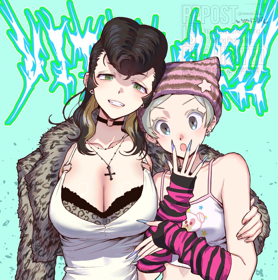 2girls animal_print beanie blonde_hair blue_eyes breasts brown_hair camisole character_request choker cleavage crop_top girls_und_panzer green_background green_eyes hat katsuoboshi large_breasts leopard_print long_hair multicolored_hair multiple_girls pompadour simple_background small_breasts streaked_hair yuri_(girls_und_panzer)