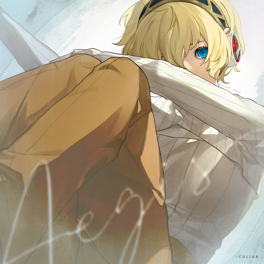 1girl aigis_(persona) android arm_on_knee black_hairband blonde_hair blue_eyes brown_pants character_name feet_out_of_frame gold_trim hairband headphones kaori long_sleeves looking_at_viewer pants persona persona_3 short_hair sitting solo sweater sweater_tucked_in twitter_username white_sweater