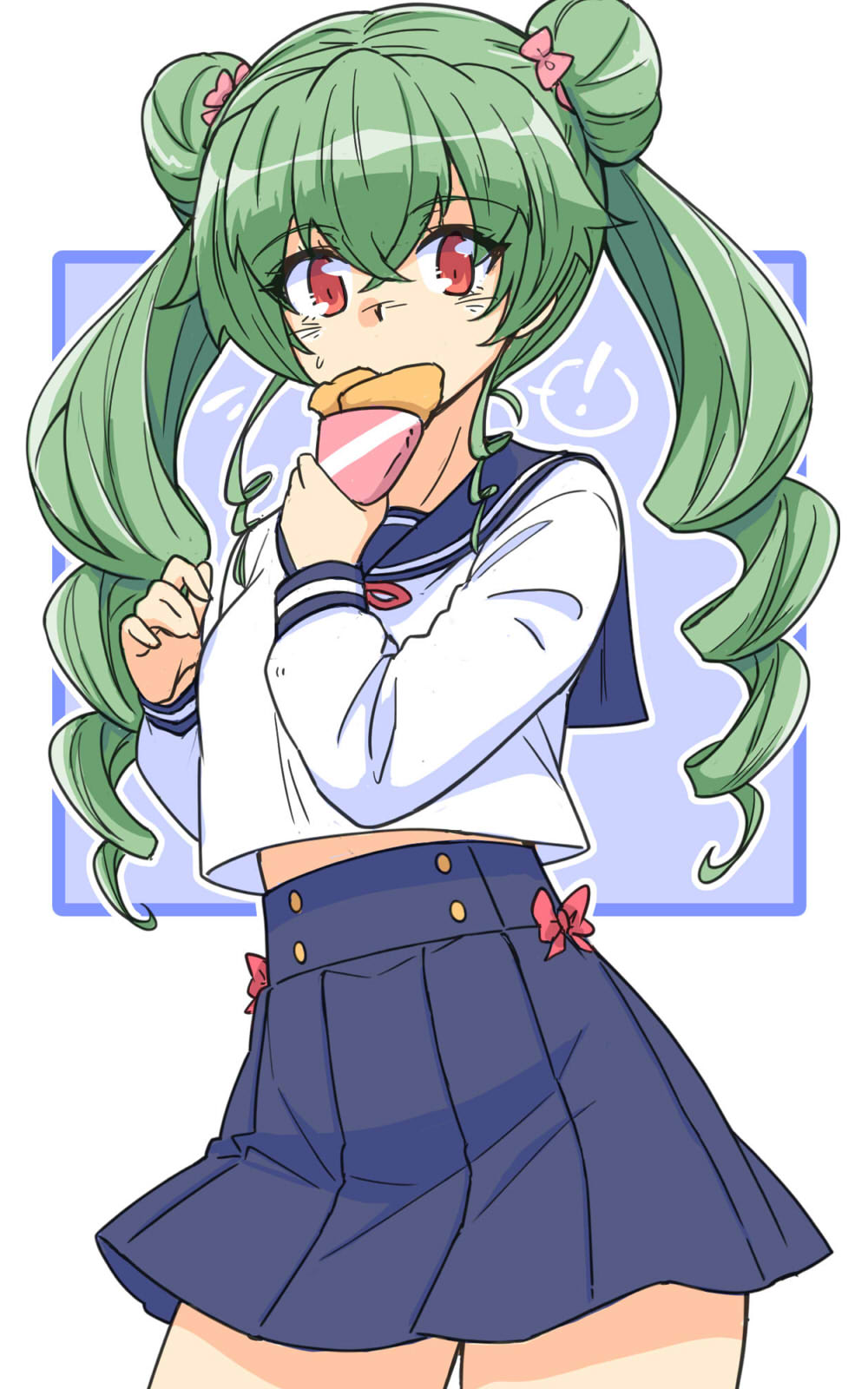 1girl alternate_costume alternate_hairstyle anchovy_(girls_und_panzer) blue_skirt commentary_request covering_own_mouth double_bun drill_hair food girls_und_panzer green_hair gyaru hair_bun hair_ribbon highres holding holding_food holding_pizza long_hair long_sleeves midriff_peek miniskirt official_alternate_costume official_alternate_hairstyle pink_ribbon pizza pleated_skirt red_eyes renshiu ribbon school_uniform serafuku skirt twin_drills twintails white_serafuku