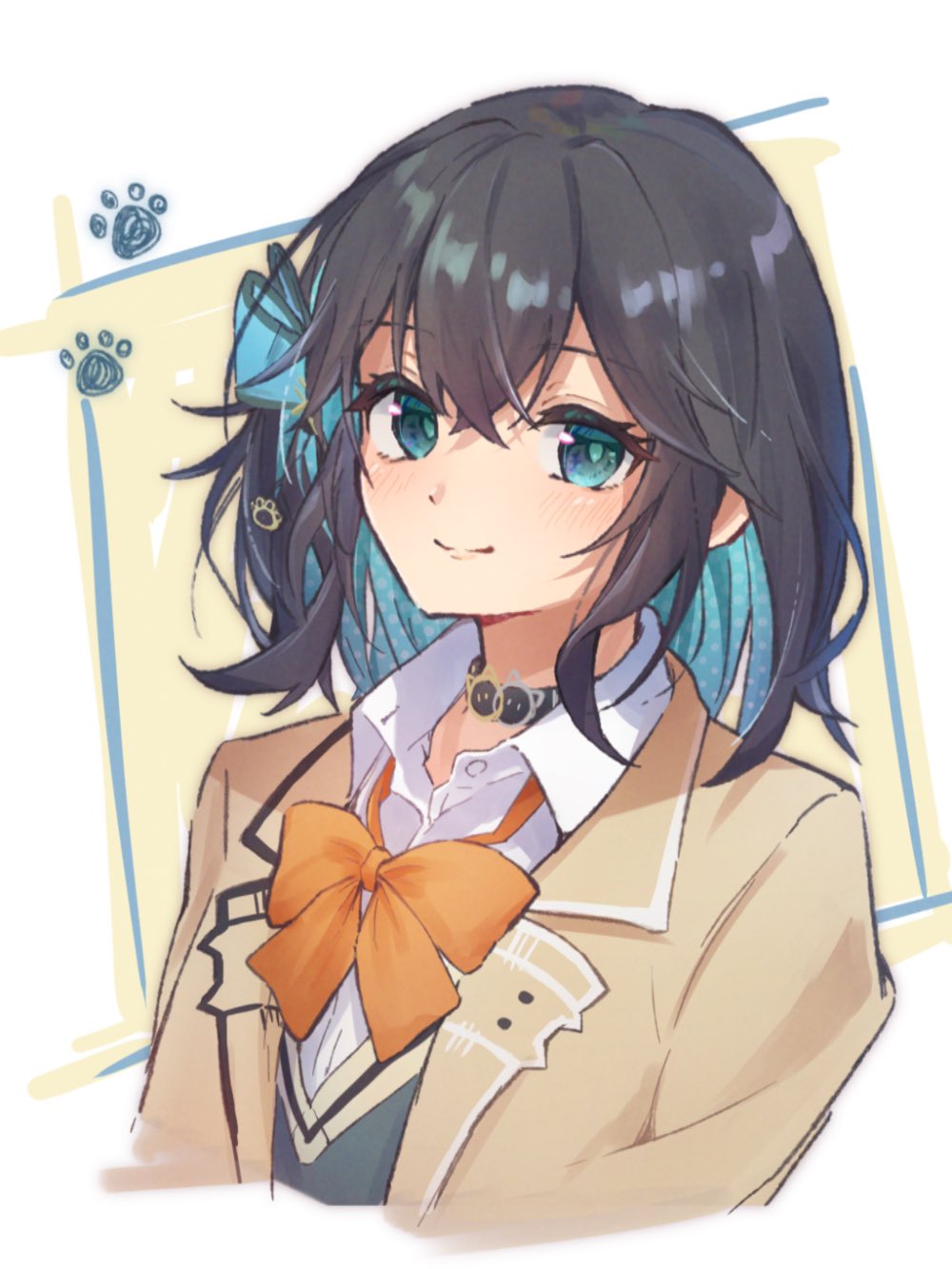 1girl aqua_bow aqua_eyes aqua_hair arms_at_sides black_choker bow bowtie bright_pupils choker closed_mouth collared_shirt cropped_torso crossed_bangs double-parted_bangs from_side green_vest hair_between_eyes hair_bow halftone highres jacket lapels long_hair looking_at_viewer medium_hair miyamai_moca multicolored_hair notched_lapels open_clothes open_jacket orange_bow orange_bowtie school_uniform shirt simple_background smile solo suama_(haruichi) three_quarter_view two-tone_hair vest voicepeak white_background white_shirt yellow_jacket