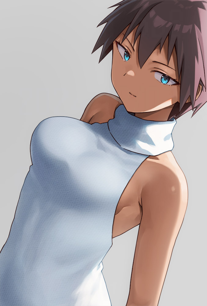 1girl akebi_ichika_(hashi) bare_shoulders blue_eyes brown_hair dutch_angle grey_background hashi original short_hair simple_background sleeveless sleeveless_sweater sleeveless_turtleneck solo sweater tomboy turtleneck turtleneck_sweater white_sweater