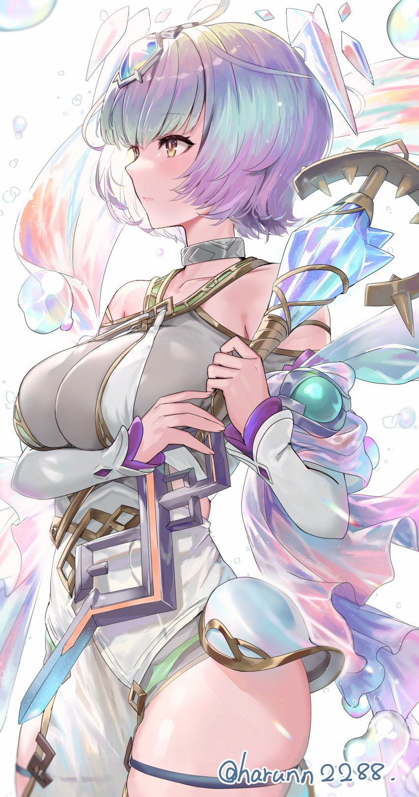 1girl ahoge breasts brown_eyes bubble closed_mouth collarbone commentary dress fire_emblem fire_emblem_heroes gradient_hair grey_hair hair_ornament haru_(nakajou-28) highres holding holding_staff jewelry large_breasts multicolored_hair nintendo off_shoulder purple_hair seidr_(fire_emblem) short_hair simple_background solo staff symbol-only_commentary twitter_username white_background white_dress