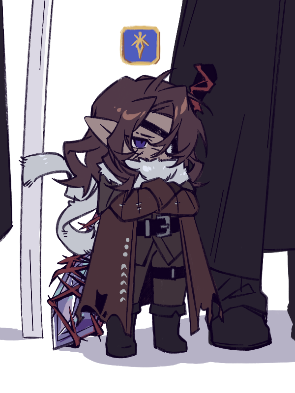 2boys brown_coat brown_hair brown_jacket brown_pants coat crossed_arms gregor_(project_moon) heathcliff_(project_moon) jacket limbus_company long_hair mercuryhx multiple_boys pants parted_bangs pointy_ears project_moon purple_eyes sidelocks simple_background sword sword_on_back weapon weapon_on_back white_background wuthering_heights_(identity)_(project_moon)