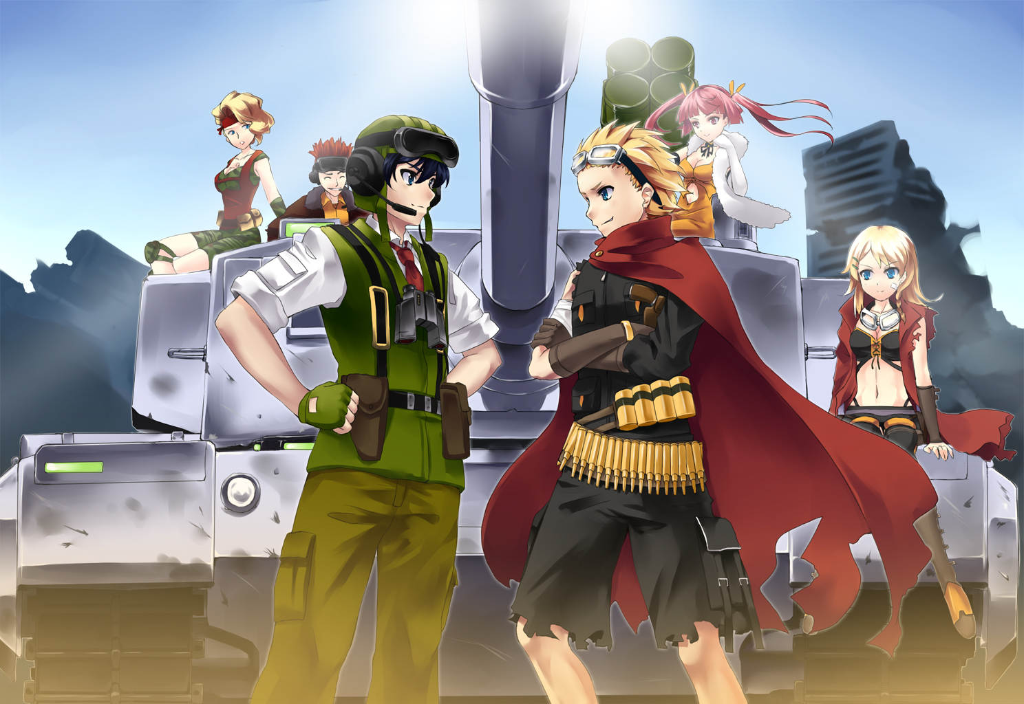 3boys 3girls artist_request black_hair blonde_hair blue_eyes breasts cape caterpillar_tracks metal_max military military_vehicle motor_vehicle multiple_boys multiple_girls pink_eyes pink_hair red_hair ruins sky smile sun tank