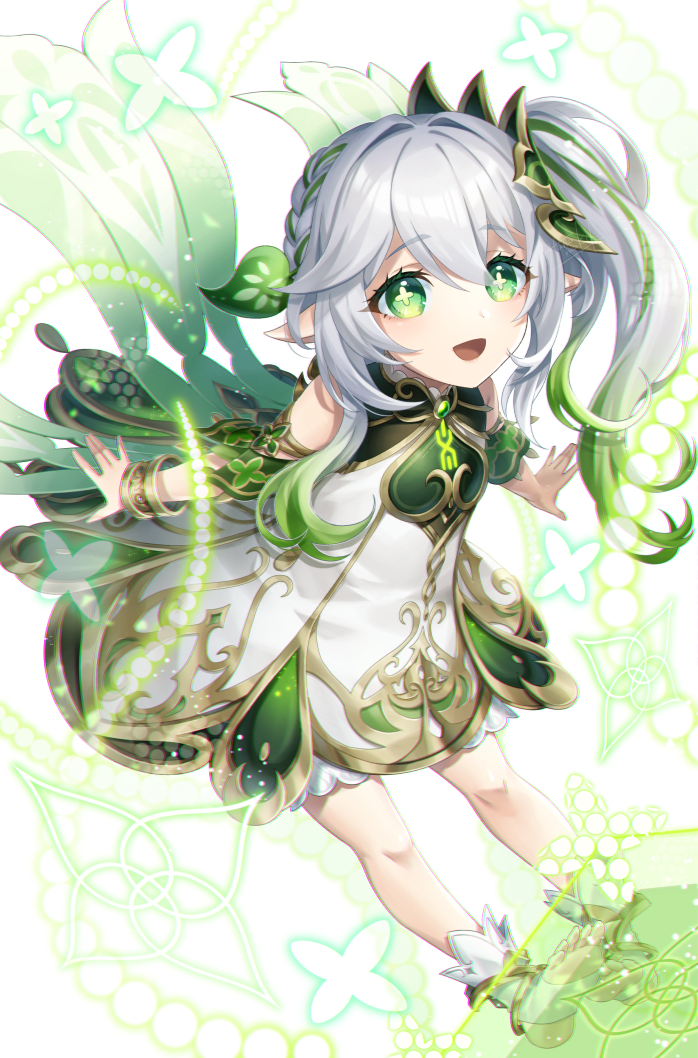1girl :d bare_shoulders bloomers bracelet cape commentary detached_sleeves dress from_below full_body genshin_impact gold_trim gradient_hair green_cape green_eyes green_hair green_sleeves hair_between_eyes hair_ornament jewelry kamuinii leaf_hair_ornament long_hair multicolored_hair nahida_(genshin_impact) open_mouth outstretched_arms pointy_ears semi-rimless_eyewear side_ponytail sleeveless sleeveless_dress smile solo stirrup_legwear symbol-shaped_pupils toeless_legwear toes underwear white_bloomers white_dress white_hair