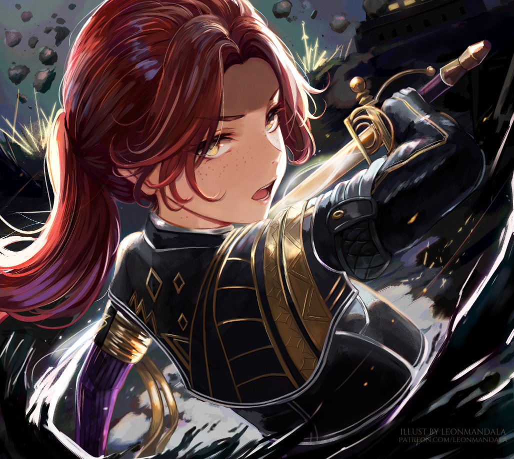 1girl artist_name blue_eyes clair_obscur:_expedition_33 forehead from_behind holding holding_sword holding_weapon leonmandala long_hair looking_at_viewer maelle_(clair_obscur:_expedition_33) open_mouth ponytail red_hair solo sword teeth tongue upper_body watermark weapon web_address