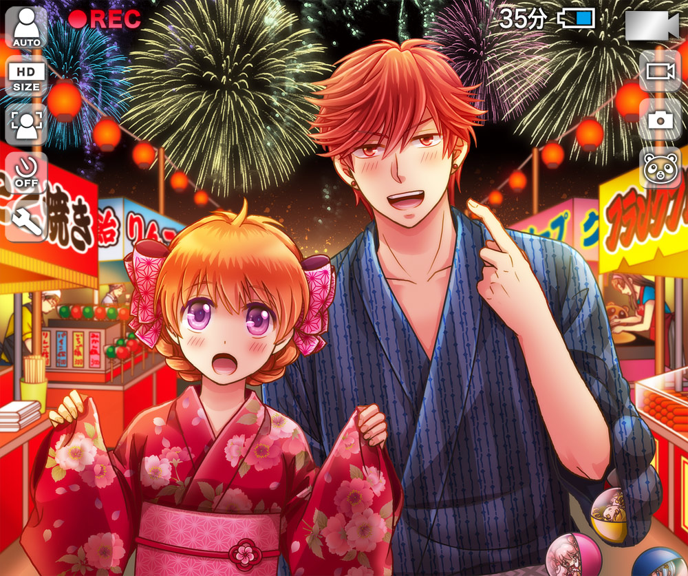 10s 1boy 1girl aerial_fireworks bow capsule earrings eriyama fireworks food food_stand g_pon_(gachapon) gashapon gekkan_shoujo_nozaki-kun japanese_clothes jewelry kaname_madoka kimono maeno_mitsuya mahou_shoujo_madoka_magica mahou_shoujo_madoka_magica_(anime) miki_sayaka mikoshiba_mikoto miyako_yukari miyamae_ken orange_hair purple_eyes recording red_eyes red_hair sakura_chiyo tanuki tomoe_mami yukata
