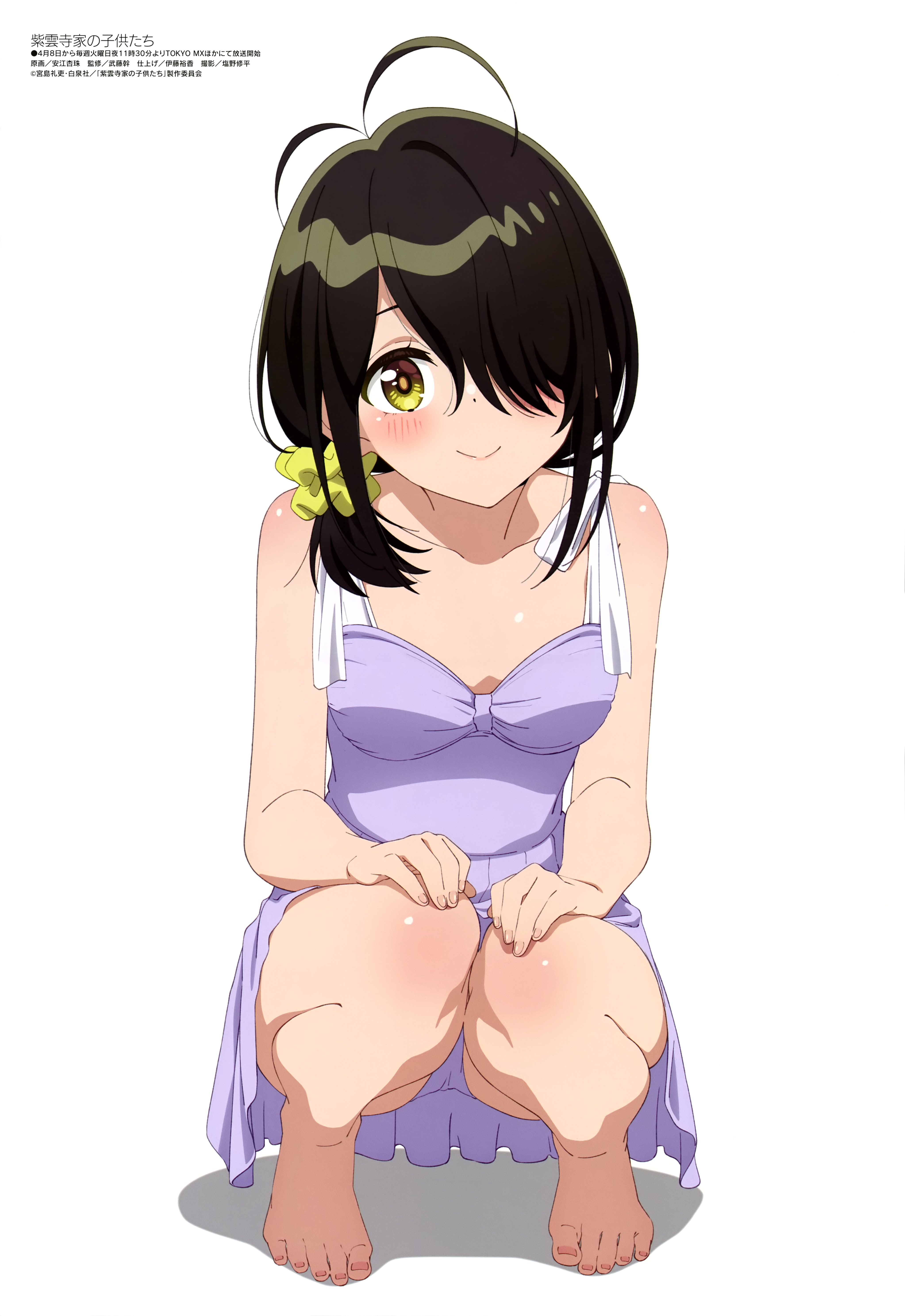 1girl absurdres artist_request copyright_name copyright_notice dress feet highres looking_at_viewer magazine_scan megami_magazine official_art panties purple_dress scan shiunji-ke_no_kodomotachi shiunji_kotono simple_background solo squatting underwear white_background yellow_eyes