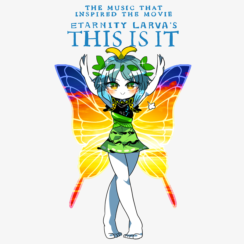 1girl :&gt; antennae arms_up bare_arms bare_legs barefoot blue_hair butterfly_wings dress english_text eternity_larva fairy full_body green_dress hair_ornament insect_wings leaf_hair_ornament looking_at_viewer michael_jackson pale_skin parody sleeveless sleeveless_dress smile solo standing this_is_it touhou wings yellow_eyes yt_(wai-tei)