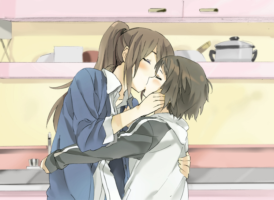 2girls black_hair blush brown_hair cupboard closed_eyes graphite_(medium) hand_on_another&#039;s_back hareta jacket kiss komano_hina long_hair long_sleeves multiple_girls okujou_no_yurirei-san open_clothes open_jacket ponytail pot short_hair sink toomi_yuna track_jacket traditional_media yuri