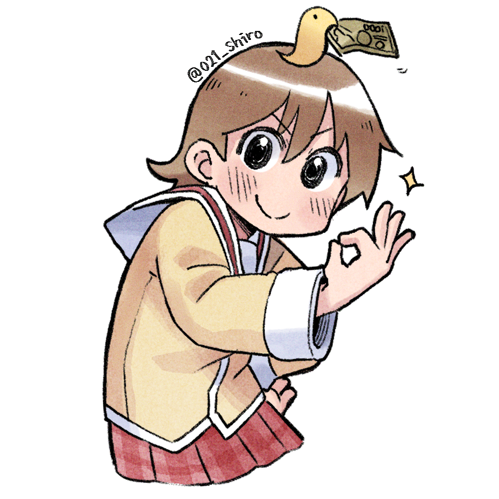 021_shiro 1girl aioi_yuuko black_eyes blush brown_hair closed_mouth long_sleeves nichijou ok_sign pleated_skirt red_skirt school_uniform short_hair skirt smile solo twitter_username yen