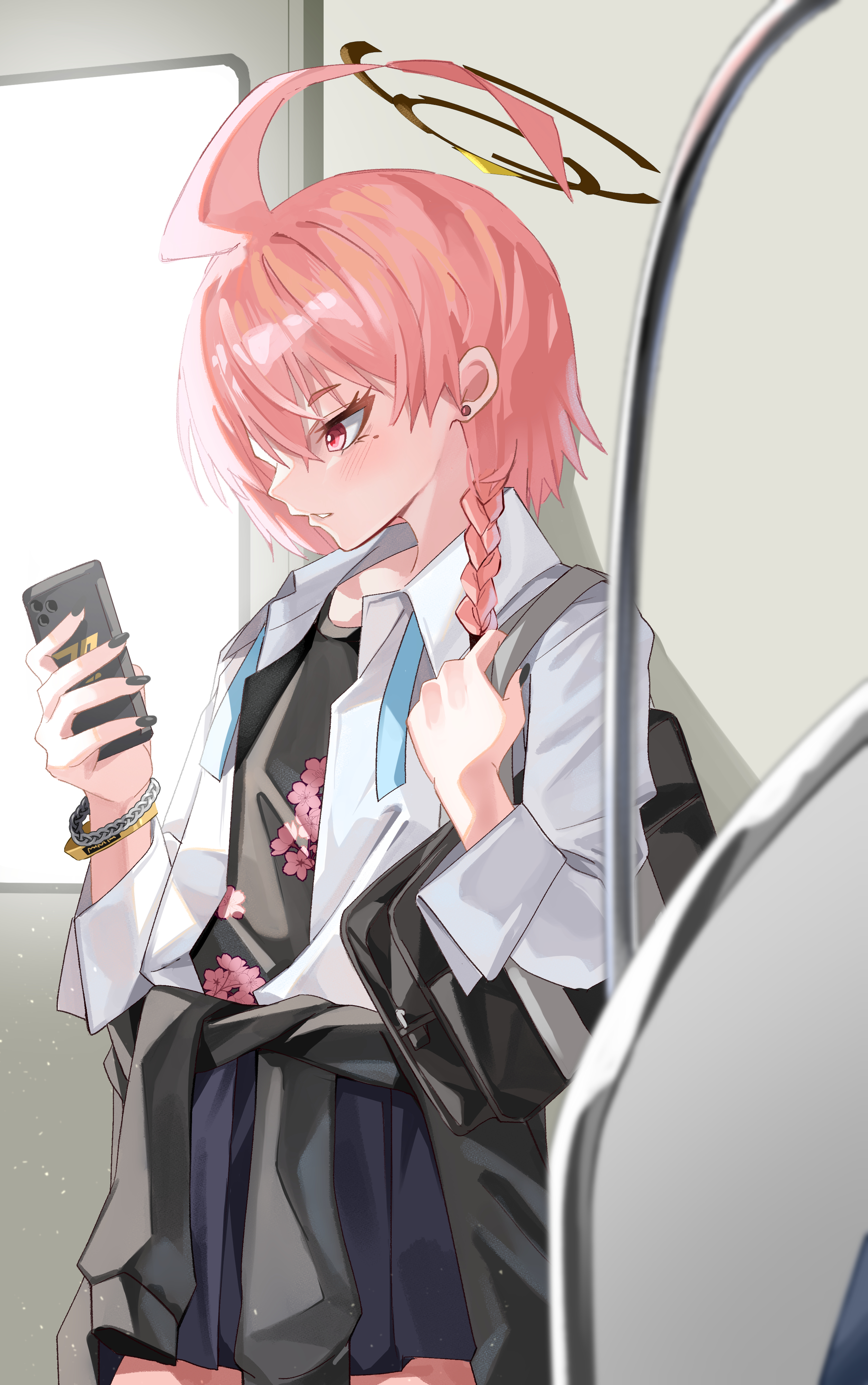 1girl absurdres ahoge bag black_cardigan black_undershirt blue_archive blush bracelet braid cardigan cardigan_around_waist cellphone clothes_around_waist commentary_request fingernails floral_print halo highres holding holding_phone huge_ahoge jewelry looking_at_phone mahoro_(minase_mahoro) mole mole_under_eye nail_polish neck_ribbon neru_(blue_archive) neru_(school_uniform)_(blue_archive) open_clothes open_shirt phone pink_hair pleated_skirt red_eyes ribbon school_bag school_uniform shirt short_hair single_braid skirt solo train_interior undone_neck_ribbon white_shirt