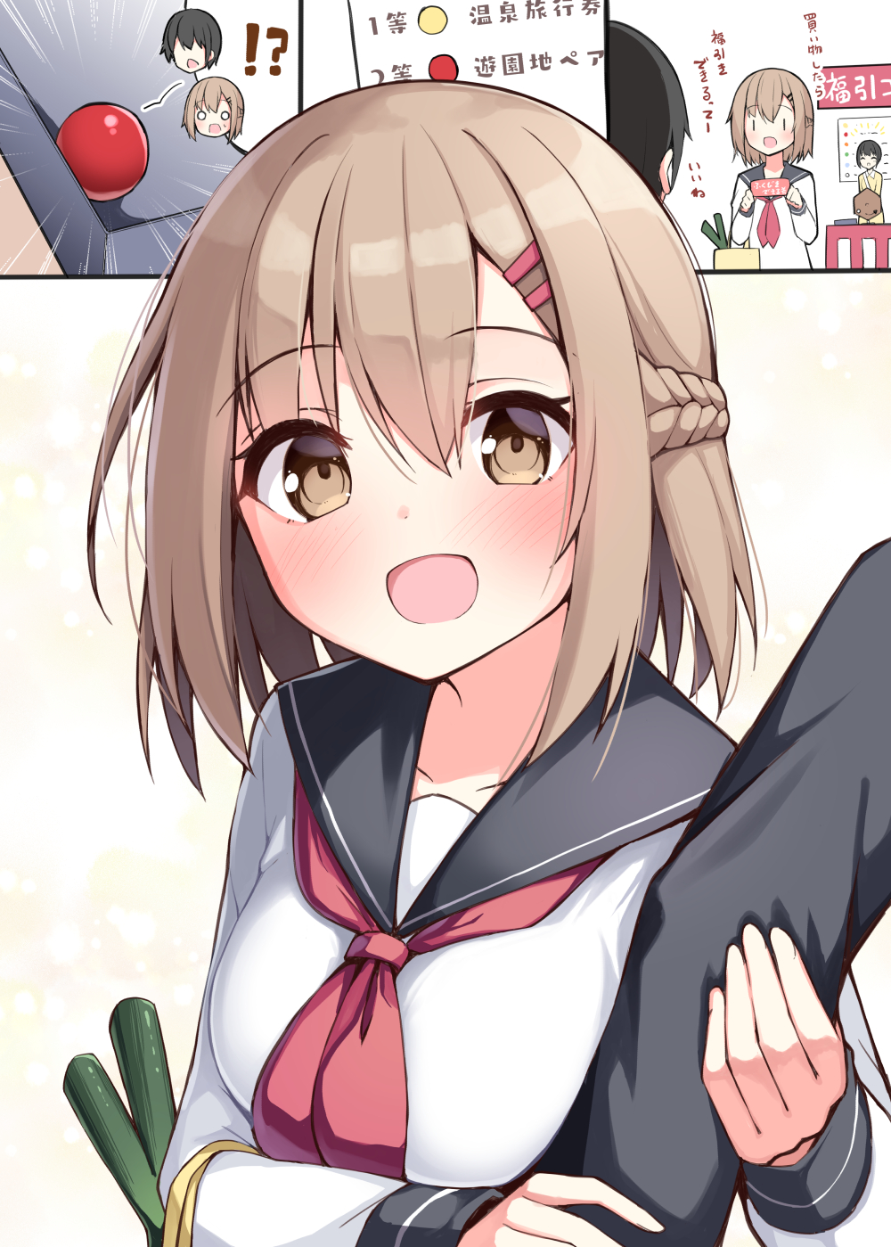 !? 1boy 2girls arm_hug black_hair black_jacket black_sailor_collar blush braid breasts brown_eyes brown_hair childhood_friend_(ominaeshi) collared_shirt comic commentary_request gakuran garapon hair_between_eyes hair_ornament hairclip highres jacket long_sleeves medium_breasts multiple_girls neckerchief o_o ominaeshi_(takenoko) original red_neckerchief sailor_collar school_uniform serafuku shirt spoken_interrobang spring_onion surprised translation_request white_shirt yellow_shirt |_|