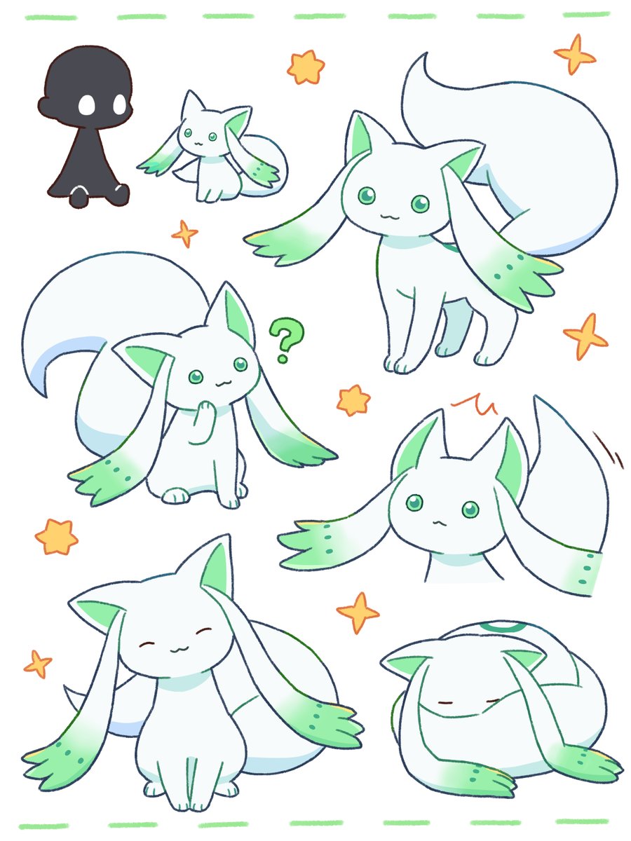 1girl :3 ? ^_^ a-q_(madoka_magica) black_skin closed_eyes colored_skin commentary creature creature_focus curled_up green_eyes highres mahou_shoujo_madoka_magica mahou_shoujo_madoka_magica_magia_exedra multiple_views namae_(magia_exedra) neko_gyoza simple_background sitting sleeping smile solo_focus sparkle standing surprised tail white_background white_fur