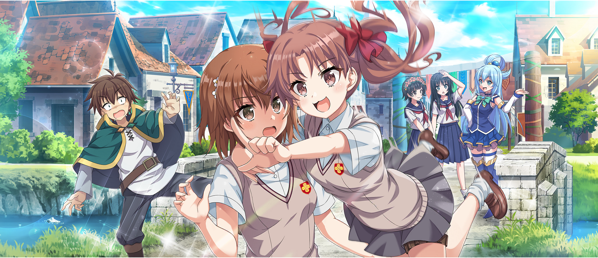 1boy 5girls :3 :d :o aqua_(konosuba) arm_around_shoulder arm_up belt black_hair black_pants blue_boots blue_eyes blue_hair blue_sailor_collar blue_shirt blue_skirt blue_sky blunt_bangs boots bow bowtie breasts bridge brown_belt brown_boots brown_eyes brown_hair brown_sweater_vest building cape collar collarbone collared_shirt crossover day detached_sleeves dress_shirt emblem flower_wreath game_cg grass green_bow green_bowtie green_cape grey_skirt hair_between_eyes hair_bow hair_ornament hair_over_shoulder hair_rings hairpin hand_on_own_hip hand_up head_wreath highres holster jumping kono_subarashii_sekai_ni_shukufuku_wo! konosuba!_fantastic_days large_breasts legs_up loafers long_hair long_sleeves looking_ahead looking_at_another loose_socks medium_breasts medium_hair medium_skirt miniskirt misaka_mikoto multiple_girls neckerchief official_art open_mouth outdoors pants parted_bangs pleated_skirt pointing pointing_forward red_bow red_neckerchief river road sailor_collar sailor_shirt sakugawa_school_uniform saten_ruiko satou_kazuma school_emblem school_uniform serafuku shade shirai_kuroko shirt shoes short_hair short_sleeves sidelocks single_hair_ring skirt sky sleeveless sleeveless_shirt small_breasts smile socks street summer_uniform sunlight sweater_vest teleportation thigh_boots thigh_holster thighhighs toaru_kagaku_no_railgun toaru_majutsu_no_index tokiwadai_school_uniform twintails uiharu_kazari v-neck v-shaped_eyebrows white_collar white_shirt white_sleeves white_socks white_thighhighs