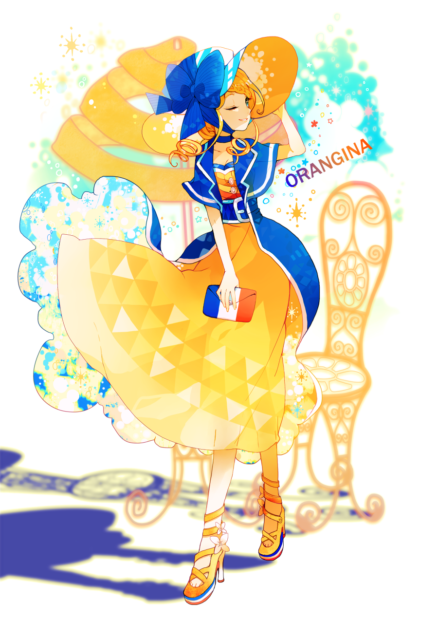 1girl blue_eyes bonnet capelet chair dress female_focus french_flag hat high_heels highres layered_dress orangina personification shade simple_background solo souno_kazuki standing white_background yellow_dress
