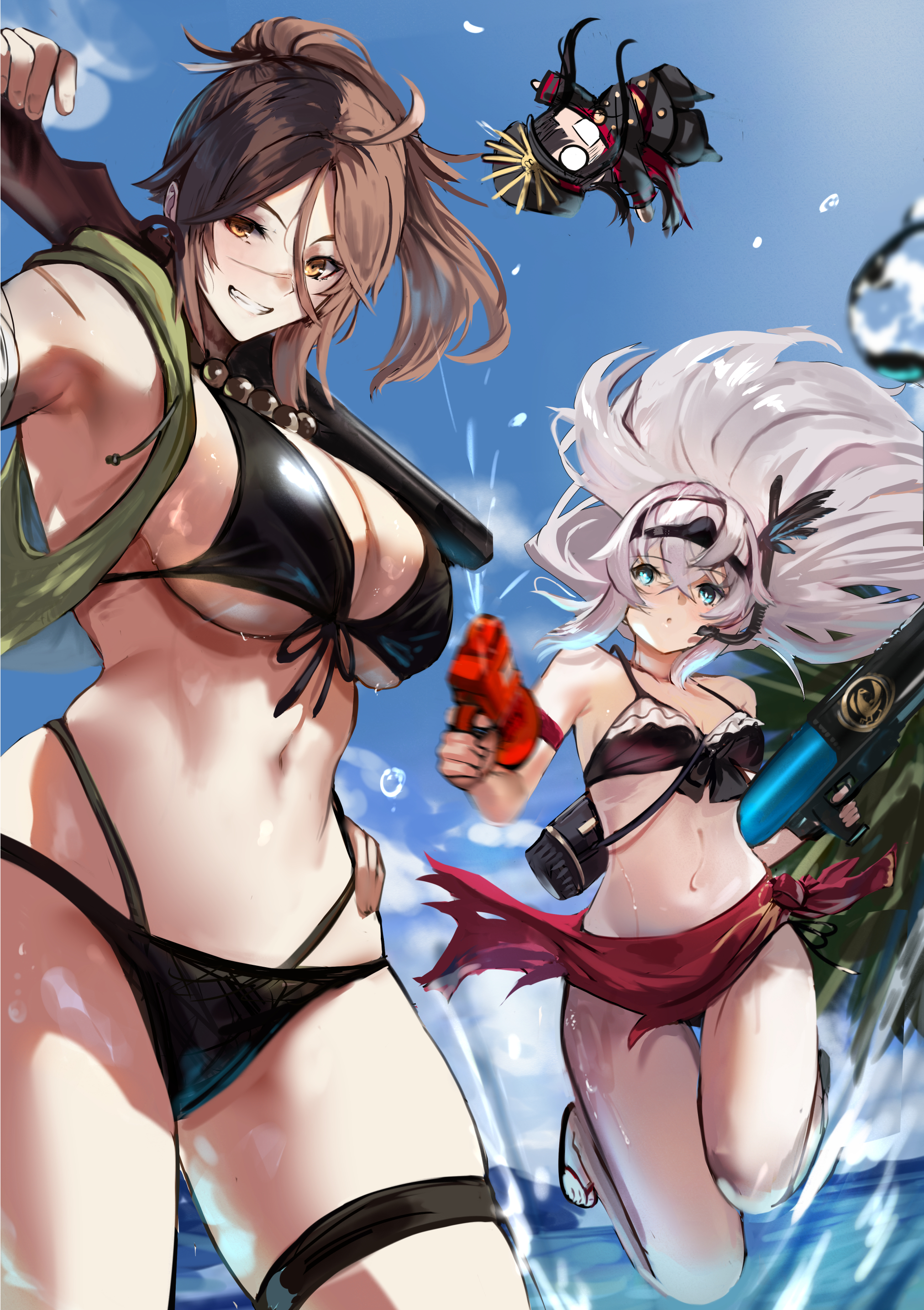 3girls absurdres ahoge bare_shoulders beach bead_necklace beads bikini black_bikini blue_eyes blue_sky blush breasts brown_eyes brown_hair chibi cleavage commentary_request diving_mask diving_mask_on_head fate/grand_order fate_(series) goggles goggles_on_head grin gun hair_between_eyes highres jewelry jikihatiman large_breasts long_hair looking_at_viewer mini_nobu_(fate) multiple_girls navel necklace ocean oda_nobunaga_(fate) parted_bangs ponytail rifle saika_magoichi_(fate) scar scar_on_face scar_on_nose sidelocks sky small_breasts smile snorkel sugitani_zenjubou_(fate) swimsuit thigh_strap thighs water_gun weapon white_hair