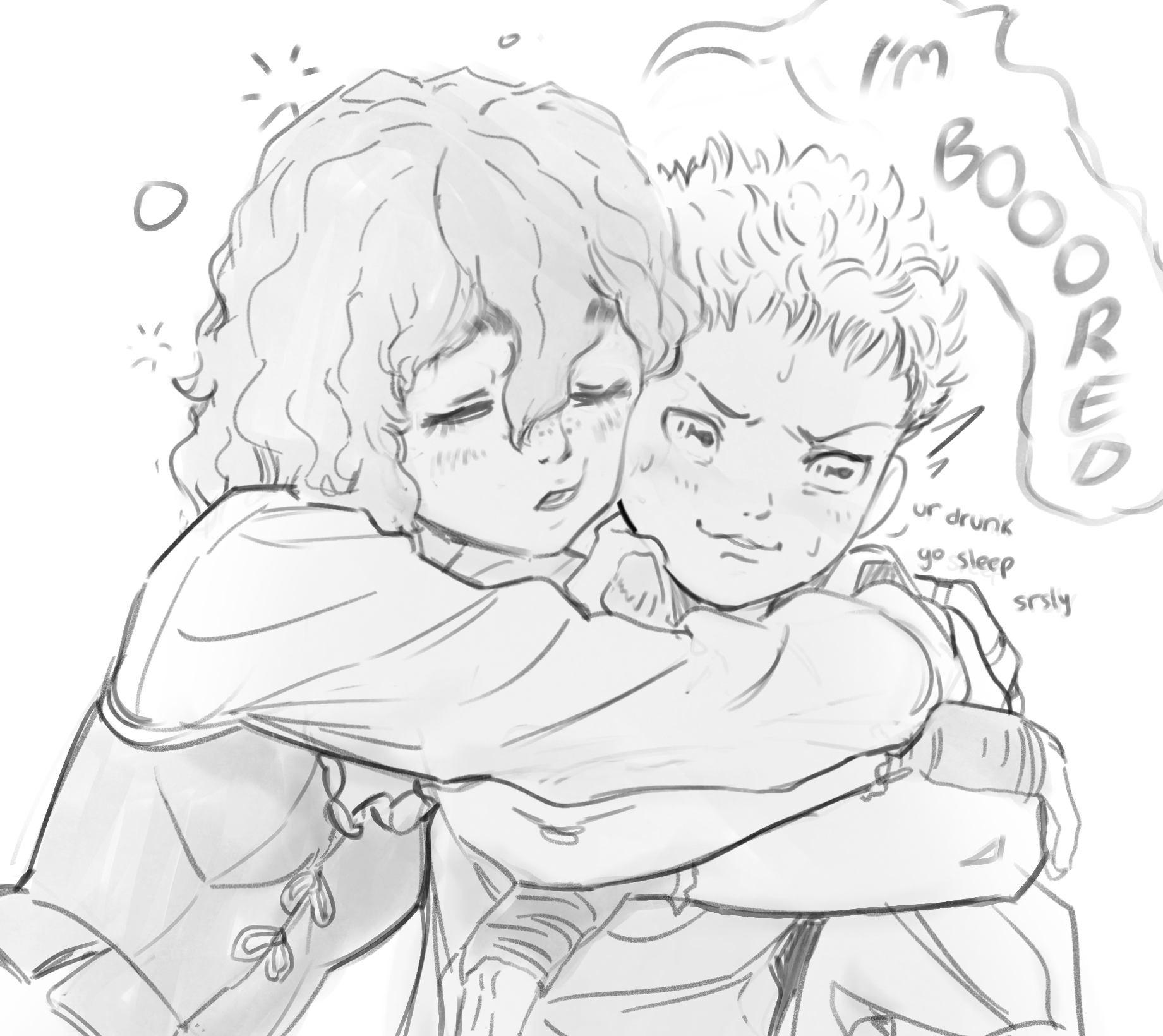 1boy 1girl :3 ^^^ arms_around_neck averting_eyes berserk blush bob_cut breasts butterchalk closed_eyes commentary corset crossed_arms drunk embarrassed english_commentary english_text eyelashes fingerless_gloves freckles gloves greyscale hair_between_eyes heads_together highres hug hug_from_behind isidro_(berserk) isma leaning_to_the_side long_bangs long_sleeves monochrome nervous nervous_smile nervous_sweating parted_lips short_hair simple_background sitting small_breasts smile speech_bubble squeans sweat thick_eyebrows upper_body v-shaped_eyebrows wavy_hair white_background