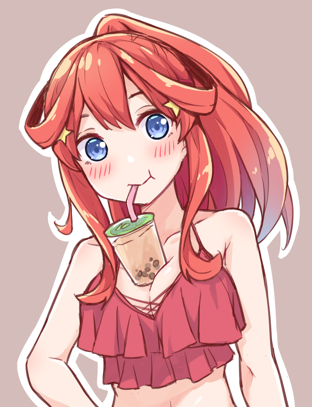 1girl :t bare_arms bare_shoulders bikini blue_eyes blush breast_curtains breasts brown_background bubble_tea_challenge cleavage collarbone commentary drinking_straw drinking_straw_in_mouth eyebrows_hidden_by_hair go-toubun_no_hanayome hair_between_eyes hair_ornament hair_over_shoulder highres large_breasts long_hair midriff nakano_itsuki navel ponytail profnote red_bikini red_hair sidelocks simple_background smile solo star_(symbol) star_hair_ornament swimsuit upper_body very_long_hair