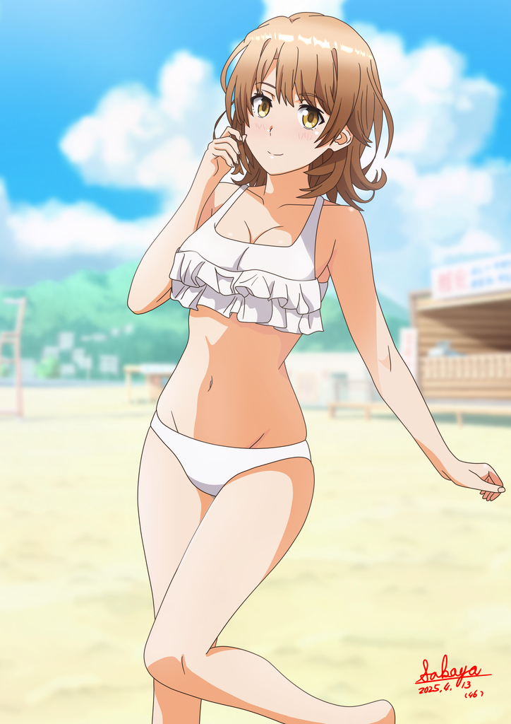 1girl artist_name beach bikini blue_sky blurry blurry_background breasts brown_eyes brown_hair cleavage commentary_request dated frilled_bikini_top isshiki_iroha medium_breasts navel outdoors sakayaya short_hair sky smile solo stomach swimsuit white_bikini yahari_ore_no_seishun_lovecome_wa_machigatteiru.