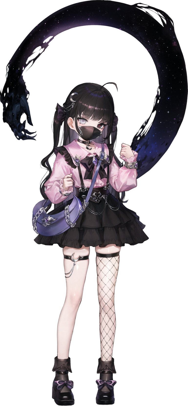 1girl ahoge asymmetrical_legwear bag black_collar black_eyes black_hair black_mask black_shoes black_skirt bracelet brown_dust_(series) brown_dust_2 collar eyebrows_hidden_by_hair fishnet_thighhighs fishnets flat_chest footwear_ribbon full_body handbag heterochromia highres jewelry jirai_kei long_hair looking_at_viewer mask mouth_mask necklace official_art pink_shirt purple_bag red_pupils shirt shoes shoulder_bag simple_background skirt solo sonya_(brown_dust_2) thigh_strap thighhighs transparent_background twintails white_eyes