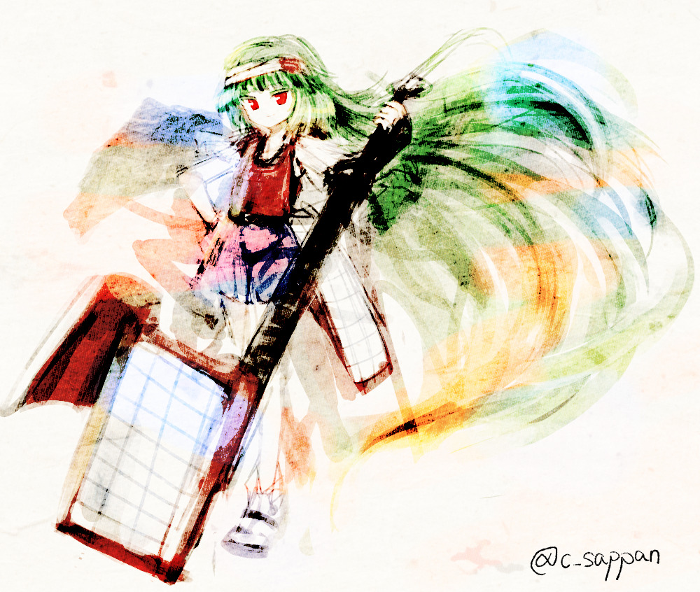 1other androgynous anmita_(rarutos) blue_shorts blunt_bangs colored_eyelashes commentary_request full_body green_hair hand_on_own_hip headband len&#039;en long_hair no_nose other_focus red_eyes shorts sketch smile socks solo taira_no_fumikado twitter_username white_socks