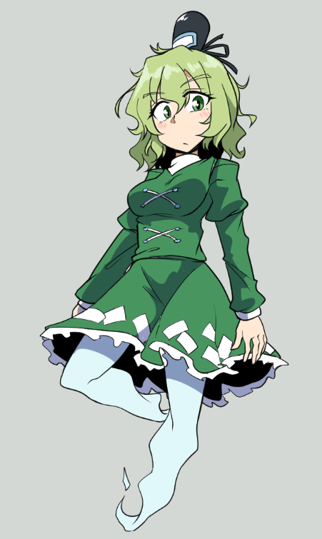 1girl black_hat breasts closed_mouth cross-laced_clothes full_body ghost_tail green_eyes green_hair grey_background hat large_breasts long_sleeves looking_at_viewer midori_niku short_hair simple_background soga_no_tojiko solo tate_eboshi touhou