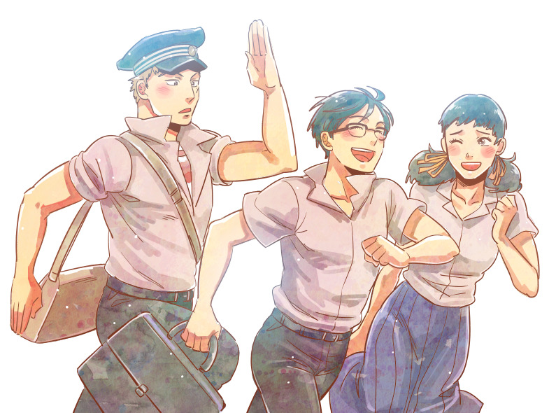 1girl 2boys :d arm_up artist_request bad_id bad_pixiv_id bag black_hair blonde_hair blush closed_eyes cowboy_shot cross_scar facial_scar glasses hair_ribbon happy hat holding holding_bag kawabuchi_sentarou looking_at_another military_hat mukae_ritsuko multiple_boys nishimi_kaoru one_eye_closed open_mouth ribbon running sakamichi_no_apollon scar scar_on_cheek scar_on_face school_bag shirt short_hair short_twintails simple_background smile striped_clothes striped_shirt twintails white_background