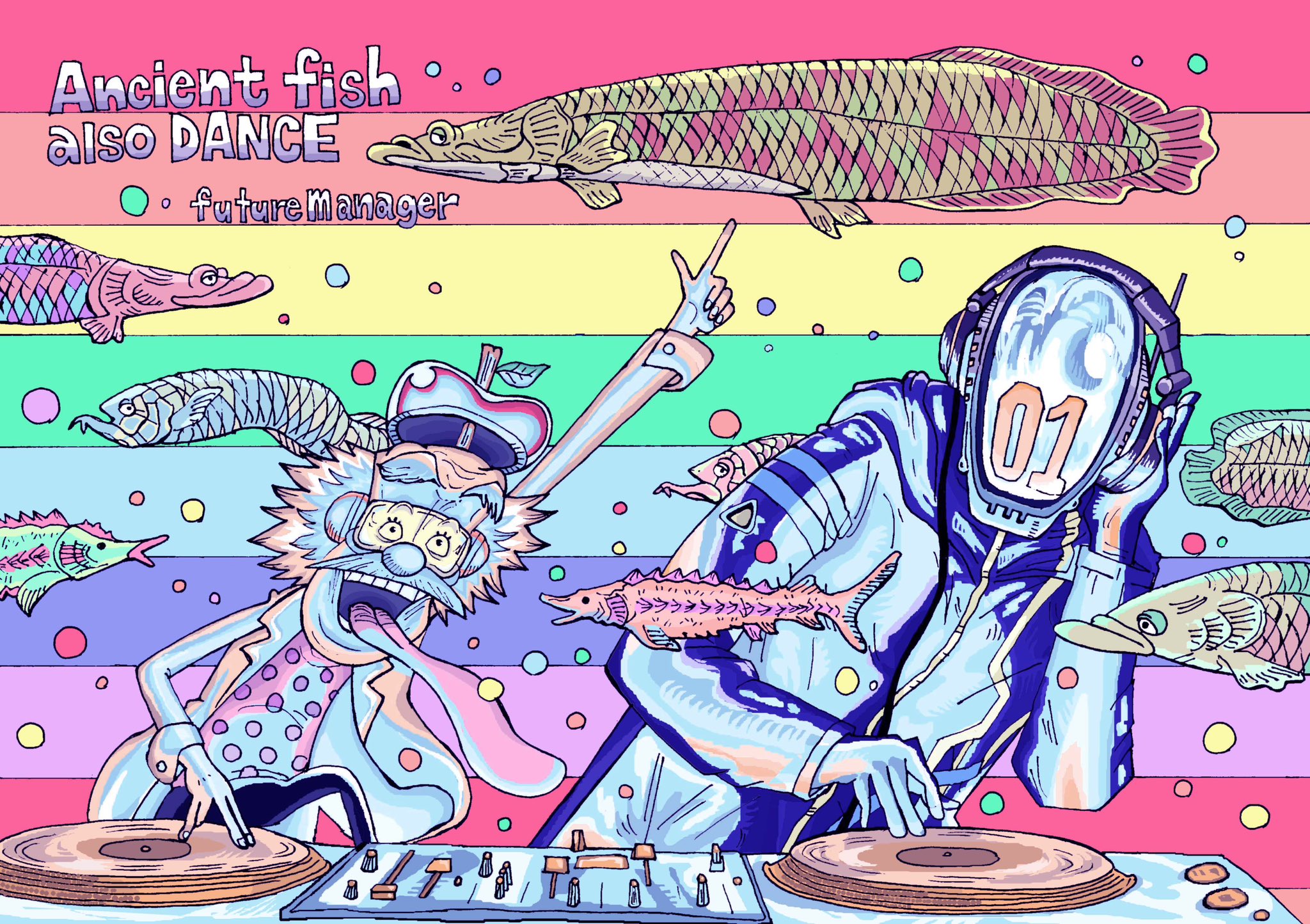 2boys black_gloves black_jacket dj dr._vegapunk english_text fish gloves headphones helmet highres jacket lab_coat male_focus multicolored_background multiple_boys numbered one_piece open_mouth pink_shirt polka_dot polka_dot_shirt ryujidj shirt short_hair smile teeth tongue tongue_out vegapunk_shaka white_hair