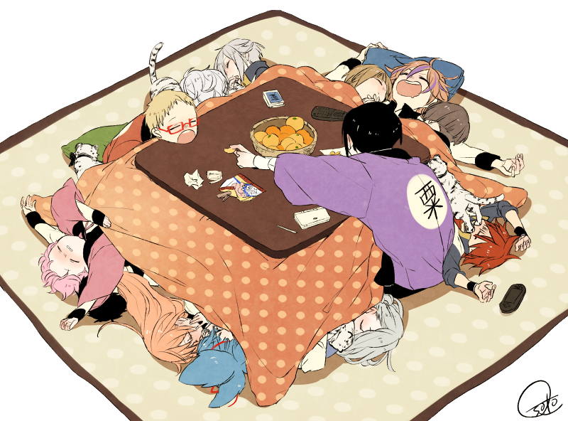 6+boys aizen_kunitoshi akita_toushirou atsushi_toushirou brown_hair feeding food fruit gokotai gokotai&#039;s_tigers gotou_toushirou hakata_toushirou hanten_(clothes) hirano_toushirou hotarumaru ima-no-tsurugi kotatsu maeda_toushirou male_focus mandarin_orange midare_toushirou multiple_boys open_mouth pink_hair red_hair sayo_samonji shinano_toushirou soto_(0sot0) table tiger tiger_cub touken_ranbu under_kotatsu under_table white_hair white_tiger yagen_toushirou