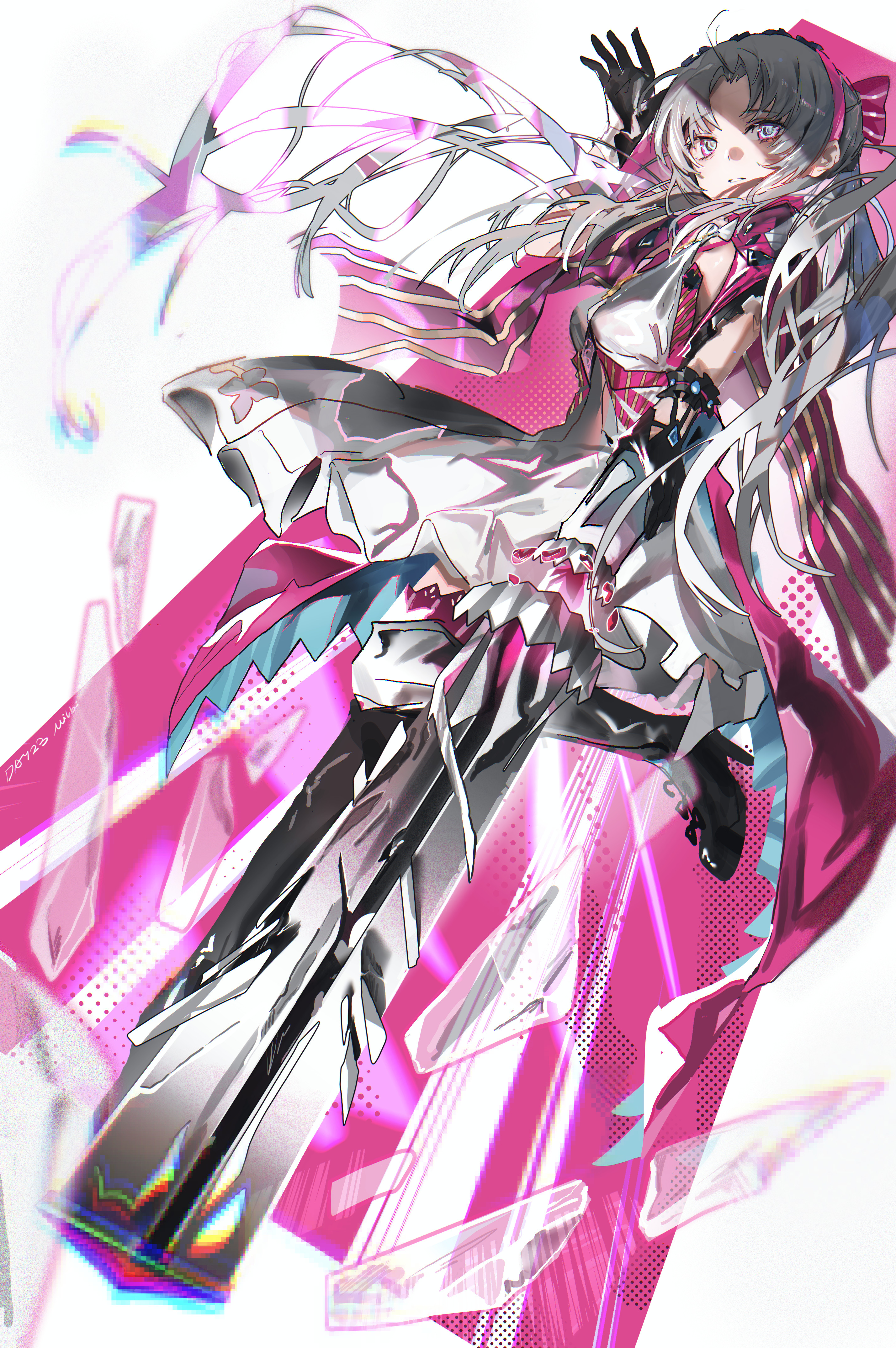 1girl absurdres black_boots black_gloves boots bow breasts broken_glass carlotta_(wuthering_waves) commentary dress floating_hair glass gloves gun hair_bow hand_up high_heel_boots high_heels highres holding holding_gun holding_weapon jacket looking_at_viewer medium_breasts milbi parted_bangs parted_lips pink_bow pink_jacket solo striped_bow thigh_boots weapon white_dress white_eyes white_hair wuthering_waves