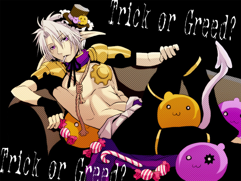 1boy armor black_gloves black_hat black_pants candy candy_cane cigarette commentary_request drops_(ragnarok_online) feet_out_of_frame fingerless_gloves food gloves hand_on_own_knee hat looking_at_viewer male_focus mechanic_(ragnarok_online) noose open_mouth pants pauldrons pointy_ears poring purple_eyes ragnarok_online reclining short_hair shoulder_armor shrug_(clothing) sitting slime_(creature) solo toned toned_male top_hat trick_or_treat white_hair wrapped_candy yukimushi