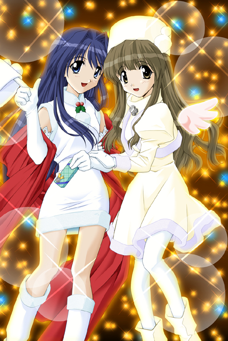 2000s_(style) 2girls ankle_boots aqua_collar aqua_fur archived_source blue_eyes blue_hair boots box breasts brown_eyes christmas collared_jacket cropped_jacket cross_ornament dark_blue_hair detached_wings dress elbow_gloves feet_out_of_frame fur-trimmed_dress fur-trimmed_jacket fur_collar fur_hat fur_sleeve_cuffs fur_trim gift gift_box gloves grey_fur grey_sleeve_cuffs hair_intakes hand_on_another&#039;s_arm hat holding holding_gift jacket juliet_sleeves kindle_imagine_develop knee_boots lens_flare light_brown_hair long_sidelocks long_sleeves looking_at_viewer matsuo_yukihiro medium_breasts mini_wings mistletoe multiple_girls nana_(tentama) official_art open_mouth papakha pink_wings pom_pom_(clothes) puffy_sleeves red_shawl second-party_source shawl shinozaki_chinatsu short_dress sidelocks sleeve_cuffs sparkle straight_hair tentama tentama:_1st_sunny_side thighhighs turtleneck turtleneck_dress unworn_hat unworn_headwear wavy_hair white_dress white_footwear white_gloves white_hat white_thighhighs wings yashiro_shizuka yellow_boots yellow_collar yellow_dress yellow_hat yellow_sleeves