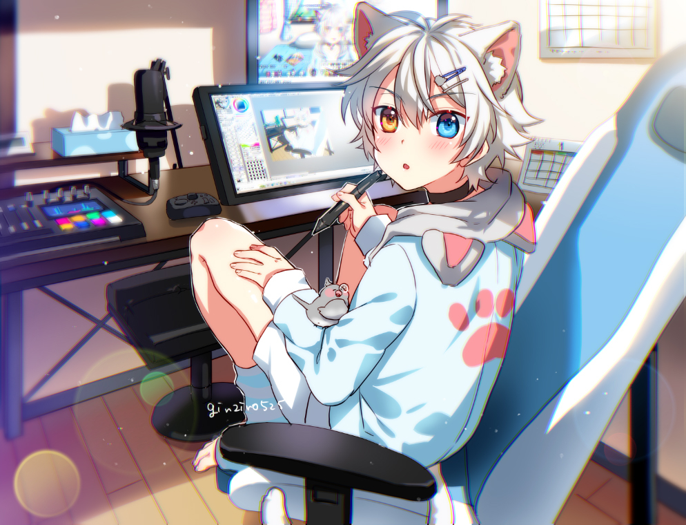 1boy androgynous animal_ears blue_eyes blue_hoodie blush cat_boy cat_ears drawing_tablet ginjiro_(ginziro525) ginjiro_(vtuber) heterochromia holding holding_stylus hood hood_down hoodie indie_virtual_youtuber long_sleeves looking_at_viewer looking_back male_focus open_mouth orange_eyes original sitting solo stylus virtual_youtuber white_hair