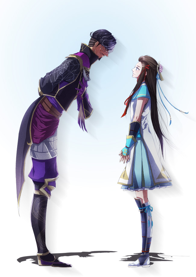 arms_behind_back black_hair blue_eyes brown_hair coat facial_hair goatee hair_ribbon hayakawa-dono high_collar japanese_clothes kimono leaning_forward lips long_bangs long_hair matsunaga_hisahide multicolored_hair parted_bangs ribbon sengoku_musou smile socks two-tone_hair white_hair white_socks