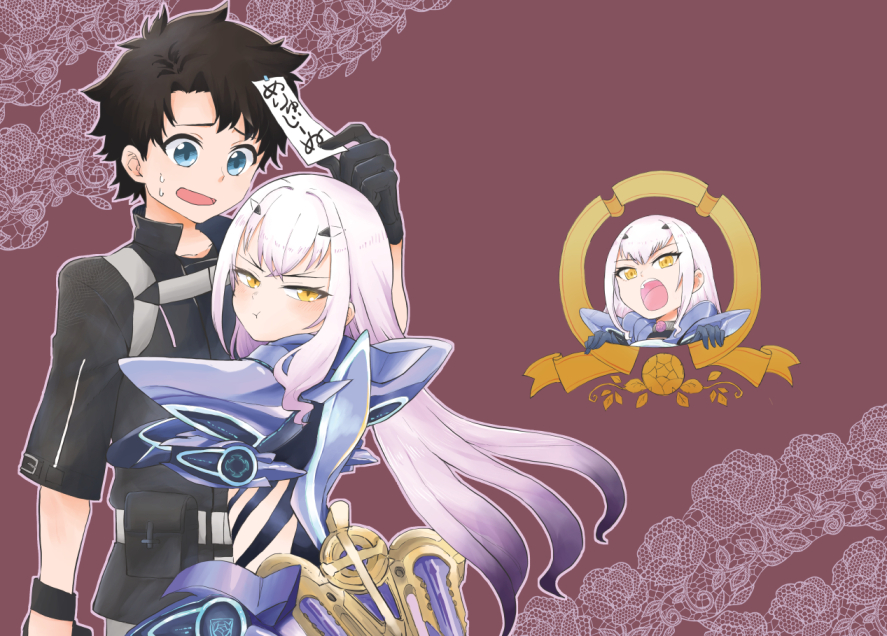 1boy 1girl armor belt black_gloves black_hair eyebrows_hidden_by_hair fate/grand_order fate_(series) fujimaru_ritsuka_(male) gloves green_eyes hair_between_eyes hug kondou_(acid) long_hair looking_at_viewer melusine_(fate) metro-goldwyn-mayer multicolored_hair open_mouth purple_hair shirt short_hair smile sweat white_hair yellow_eyes