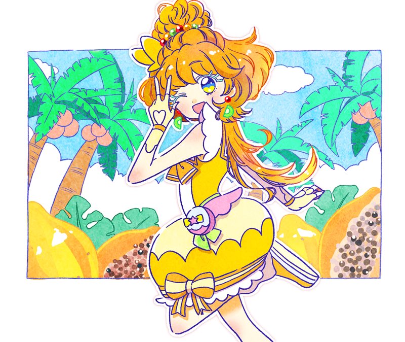 1girl bow colored_eyelashes commentary_request cure_papaya dress earrings fingerless_gloves gloves hair_ornament hoppetoonaka3 ichinose_minori jewelry looking_at_viewer magical_girl multicolored_eyes open_mouth orange_hair orange_shoes outdoors palm_tree papaya precure shoes skirt smile solo thick_eyelashes tree tropical-rouge!_precure v yellow_dress yellow_gloves