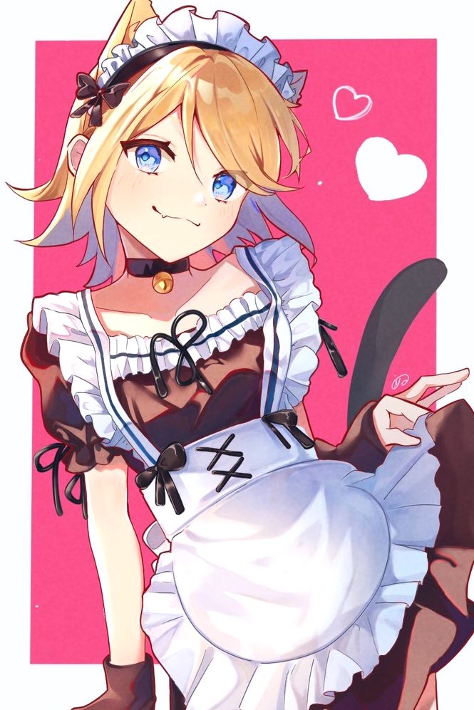 1girl alternate_costume animal_ears apron bell black_choker blonde_hair blue_eyes cat_ears cat_tail choker closed_mouth collarbone cowboy_shot fang frills head_tilt inubangarou kagamine_rin kemonomimi_mode leaning_to_the_side looking_at_viewer maid maid_headdress medium_hair neck_bell pink_background simple_background skin_fang smile solo square_neckline swept_bangs tail vocaloid