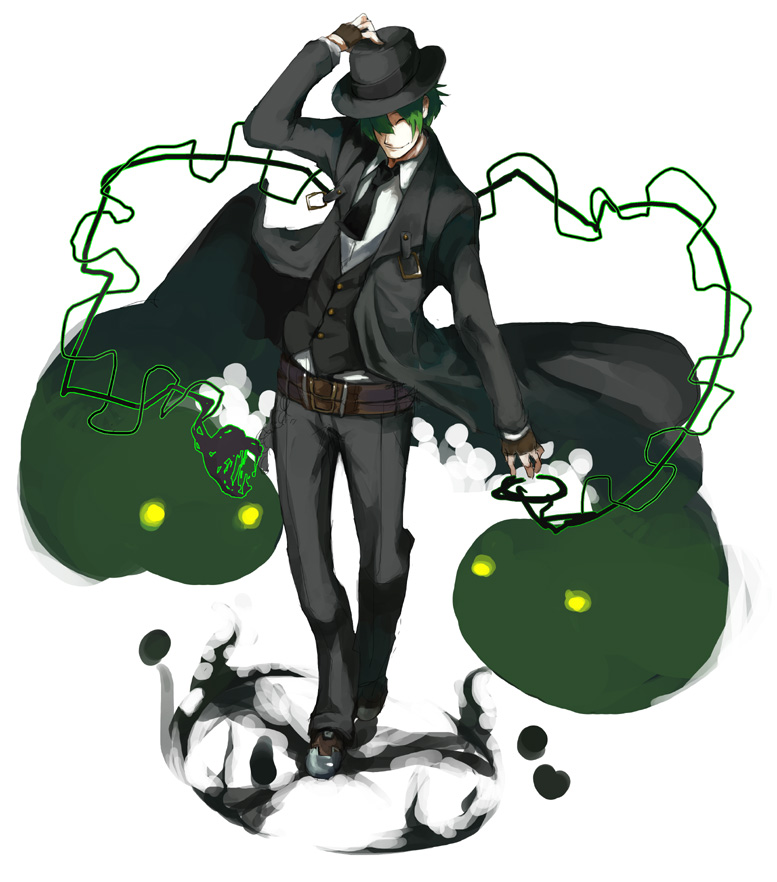 1boy belt black_neckwear blazblue brown_gloves closed_eyes closed_mouth fingerless_gloves formal_clothes gloves green_hair hair_over_one_eye hand_on_headwear hat hazama kasa_(hitori_sanka) male_focus shadow simple_background smile solo standing suit torn_clothes white_background