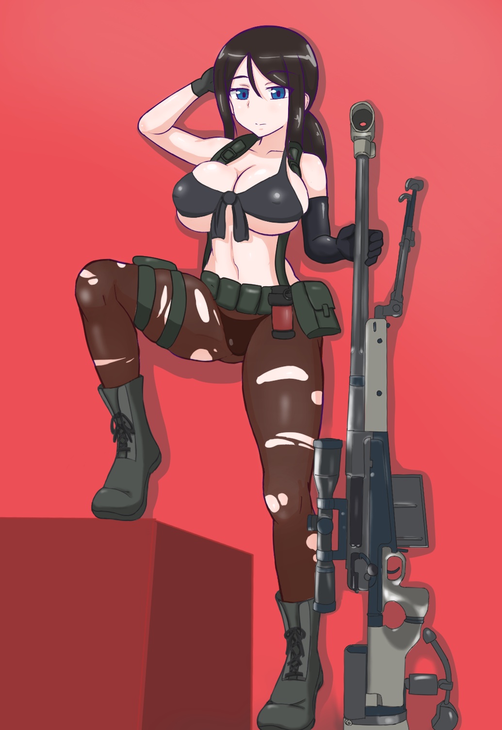 1_yj12 alternate_costume alternate_hairstyle ankle_boots black_boots black_bra black_gloves black_panties black_pantyhose blue_eyes boots bra breasts brown_hair cosplay covered_erect_nipples girls_und_panzer gloves gun hand_in_own_hair highres lace-up_boots large_breasts long_hair metal_gear_(series) metal_gear_solid_v:_the_phantom_pain muzzle_device navel no_pants nonna_(girls_und_panzer) panties pantyhose ponytail pouch quiet_(metal_gear) quiet_(metal_gear)_(cosplay) rifle scope smoke_grenade tall_female underwear weapon weapon_request