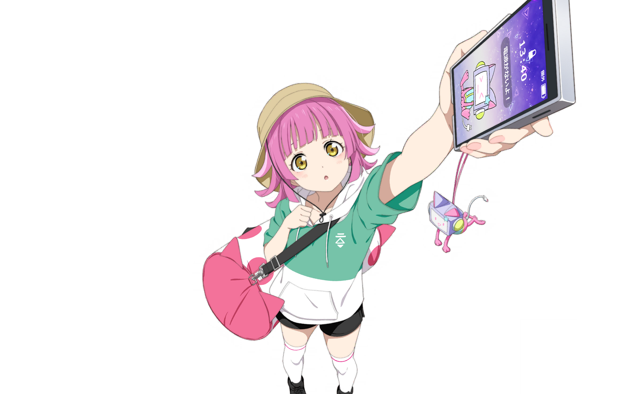 >_< 1girl :o arm_up bag black_footwear blunt_bangs blunt_ends blush brown_hat cable cable_tail cat cat_tail cellphone cellphone_charm charm_(object) clenched_hand duffel_bag electric_plug feet_out_of_frame from_above green_hoodie hand_on_own_chest hand_up hat highres holding holding_phone hood hood_down hoodie kishimen_hair looking_at_viewer love_live! love_live!_nijigasaki_high_school_idol_club love_live!_school_idol_festival_2 mechanical_tail medium_hair official_art open_mouth over-kneehighs phone pink_bag pink_cat pink_hair pink_nails polka_dot_bag print_hoodie robot_ears short_sleeves shorts sitting smartphone solo standing tail tennoji_rina thighhighs transparent_background two-tone_bag two-tone_hoodie white_hoodie white_thighhighs yellow_eyes