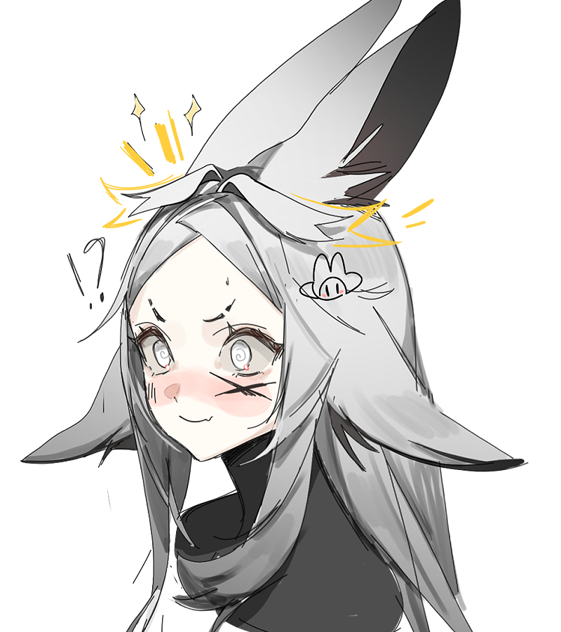 !? @_@ blush bodysuit dyarikku dyarikku_(vtuber) facial_mark fang fox_girl grey_eyes grey_hair hair_flaps hair_intakes indie_virtual_youtuber portrait sidelocks simple_background skin_fang surprised virtual_youtuber white_background x x_facial_mark