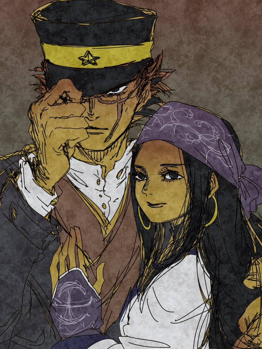 1boy 1girl ainu asirpa black_hair brown_hair closed_mouth commentary_request earrings golden_kamuy hand_on_headwear hat hat_over_one_eye hoop_earrings jacket jewelry labell_xx long_hair military_hat scar scar_on_face spiked_hair sugimoto_saichi upper_body