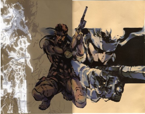 2boys an/peq-6 artist_request bandana flashlight gray_fox gun h&amp;k_mark_23 heckler_&amp;_koch insight_technology kac_mk23_suppressor kneeling knight&#039;s_armament_company konami laser_aiming_module laser_pointer laser_sight lowres match_grade match_grade_firearm match_grade_pistol metal_gear_(series) metal_gear_solid multiple_boys offensive_handgun official_art on_one_knee shinkawa_youji sneaking_suit solid_snake source_request suppressor tactical_light weapon