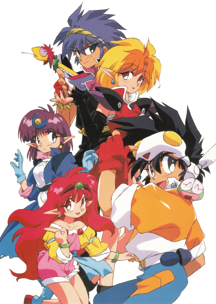 1980s_(style) 2boys 3girls aqua_eyes arara_cocoa arara_milk baba_lamune black_eyes black_gloves black_hair blonde_hair blue_gloves blue_hair bracelet crescent crescent_hair_ornament da_cider colored_bangs earrings elbow_gloves everyone fingerless_gloves gloves hair_ornament hairband headgear heavy_meta-ko holding_hands jewelry leska_(arara_cafe_au_lait) long_hair long_pointy_ears looking_at_viewer medium_hair multicolored_hair multiple_boys multiple_girls ng_knight_lamune_&amp;_40 official_art oldschool orange_hair pointy_ears pq_(lamune) purple_eyes red_eyes red_gloves red_hair retro_artstyle shorts simple_background smile snake thumbs_up two-tone_hair white_background