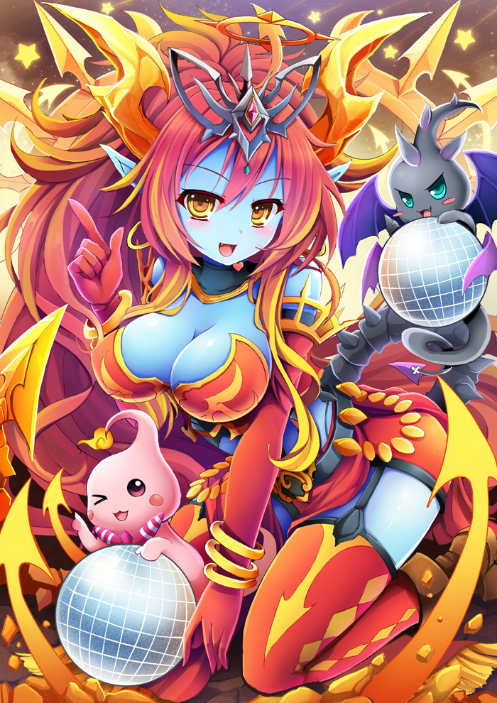 1girl :d argyle_clothes argyle_thighhighs arrow_(symbol) ball bangle bare_shoulders belt blue_skin blush bracelet breasts cleavage colored_skin demon_girl devilit disco_ball elbow_gloves female_focus garter_straps gloves goushou hair_up halo heart hera-ur_(p&amp;d) hera_(p&amp;d) horns jewelry large_breasts long_hair lots_of_jewelry open_mouth pointing pointing_up pointy_ears puzzle_&amp;_dragons red_gloves red_hair red_thighhighs rubylit shorts smile solo star_(symbol) thighhighs tiara very_long_hair yellow_eyes